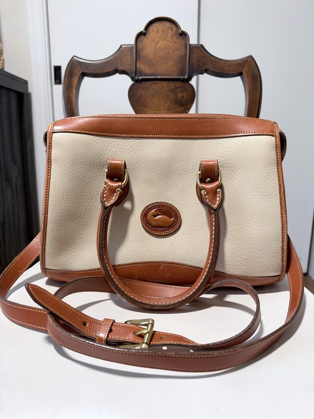 Dooney & Bourke Cream and Tan Leather Satchel with Shoulder Strap